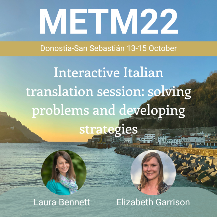 METMeetings's tweet photo. Laura Bennett and Elizabeth Garrison will lead translators working with Italian and English in an informal and entertaining opportunity to brainstorm over tricky texts and problematic words and phrases. https://t.co/HFCIk2KijG
#METM22 #xl8 #interactiveCPD #PeerToPeer https://t.co/IEJNWIhezO
