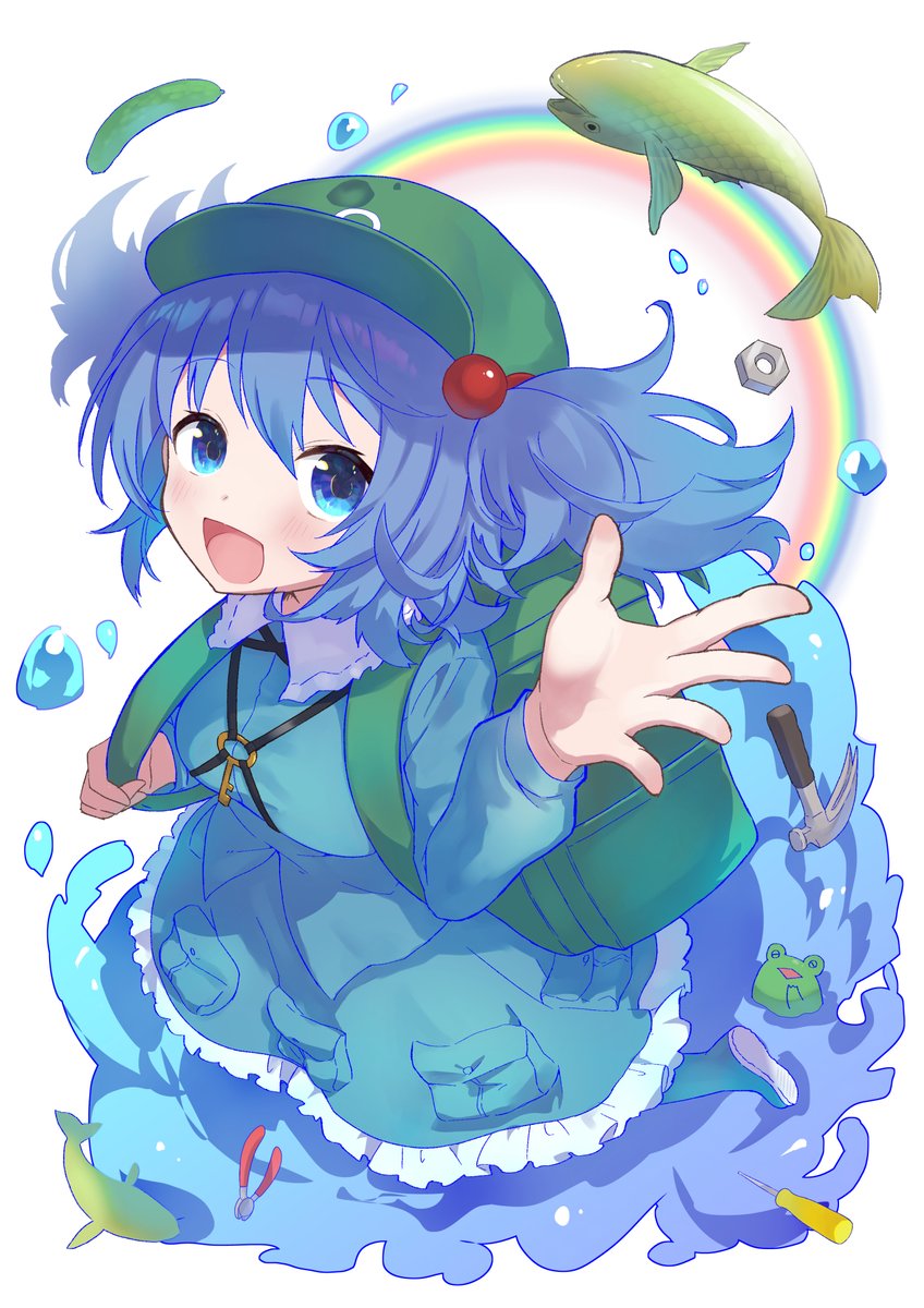 kawashiro nitori 1girl key blue hair solo blue eyes bag green headwear  illustration images