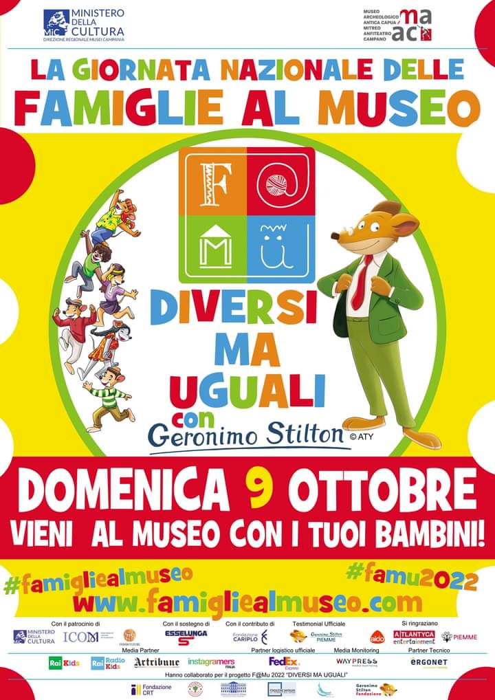 #FAMU2022
#famigliealmuseo

👉👉Domenica 9 ottobre 2022 vieni all'Anfiteatro campano e al Museo archeologico dell'antica Capua: parteciperai a tante iniziative e riceverai in omaggio il Taccuino F@MU2022 📕📕"Diversi ma uguali con Geronimo Stilton".

Ti aspettiamo a FAMu