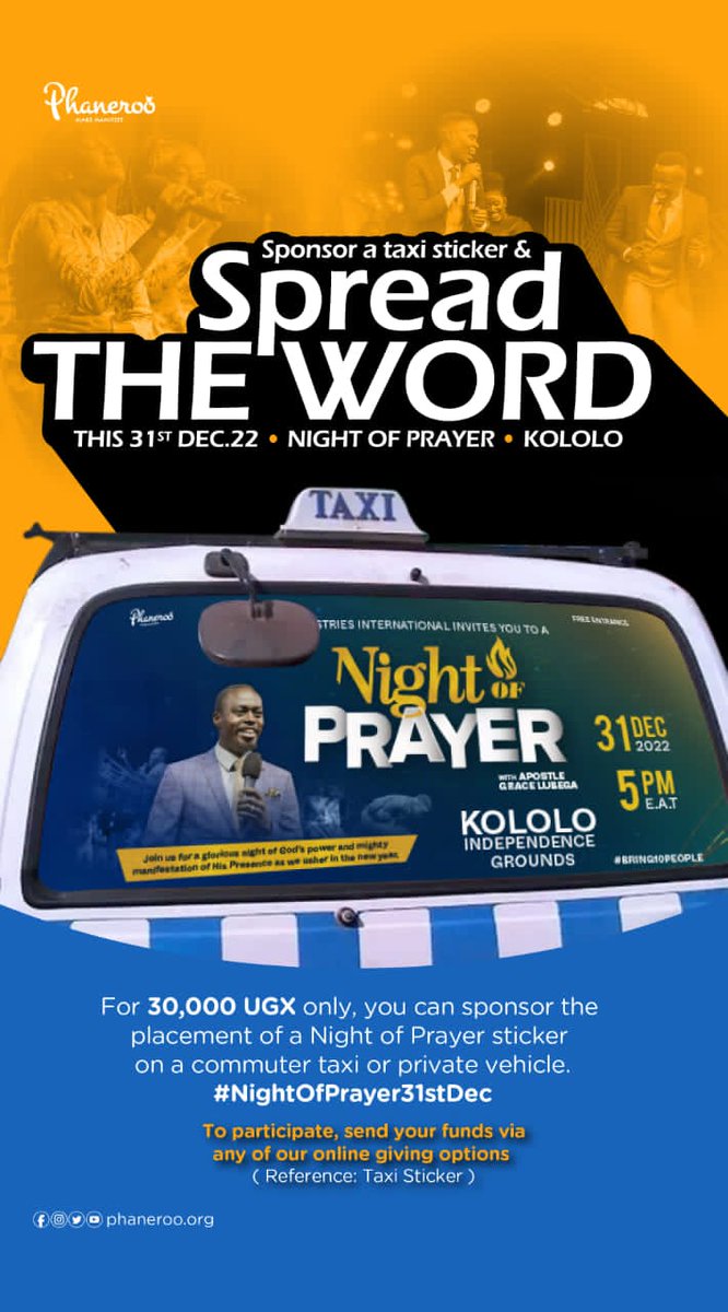 Plyne_chzn's tweet image. *🚌SPREAD THE WORD🚎*

Sponsor the placement of a Night of Prayer sticker on a taxi or private vehicle. 

💸Sponsor with only *UGX 30,000* using the Airtel, MTN merchant codes and our online giving options.

*#NightOfPrayer*
*#31stDec*