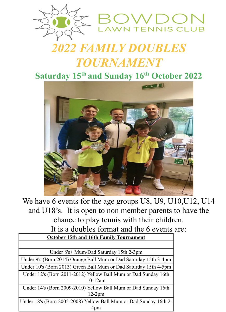 🎾🏆The Annual Family Tournament 2022 We have 6 events for the age groups U8, U9, U10,U12, U14 and U18’s. Weekend of October 15th and 16th Booking Links for the Tournament can be found here: clubspark.lta.org.uk/BowdonLTC/Juni…  #Bowdon #Altrincham #Hale 👍🎾🏆