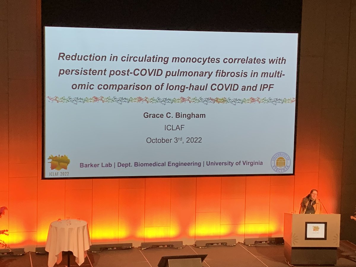 Great talk by @UVABME PhD student @alpha_SMgrAce on her work in post-COVID lung fibrosis #ICLAF2022! Took this pic on behalf of her amazing mentors @CathyBonham @shaynpc TomBarker @UVA_PCCM @uvamedicine @UvaDOM