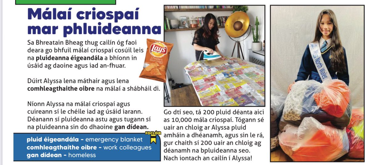 Alyssa makes blankets for the homeless from crisp packets. What a clever idea. #gaeilge #eipicmagazine #scoil #oideachas