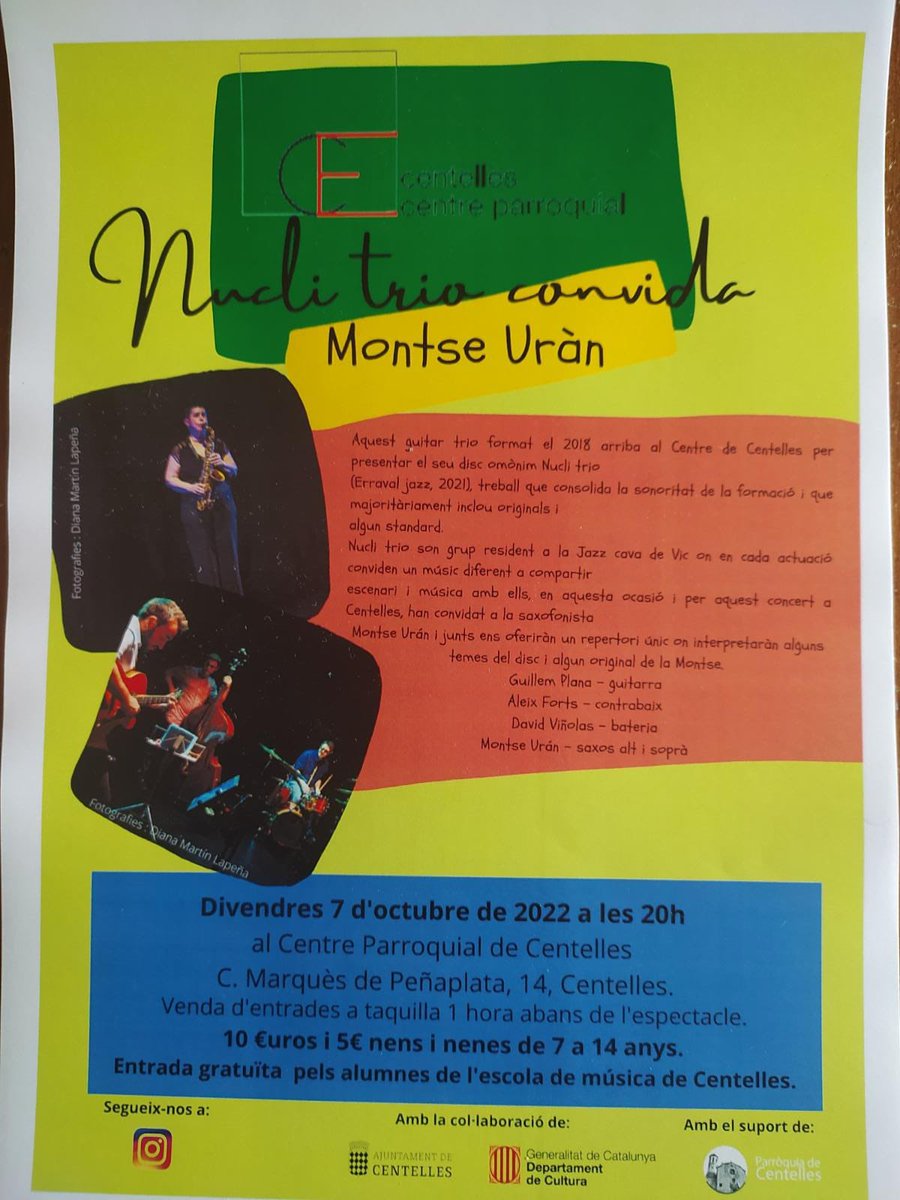 Dvinolas's tweet photo. Aquest divendres tenim concert amb #NucliTrio a #Centelles, presentarem el disc i per aquesta ocasió hem convidat a la saxofonista @rebostmontse, segur que no trobareu millor manera de començar el cap de setmana #NucliTrioConvida #jazz #jazzguitartrio #osona #livemusic https://t.co/aFugUp6xLy