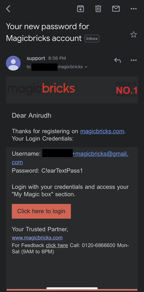 C Anirudh (@c_anirudh16) on Twitter photo Why would you think storing user passwords without even basic encryption is a good idea <a href="/magicbricks/">magicbricks</a>?
+ Why would you email me my password in clear text ðŸ˜ðŸ˜?
I don’t want anyone to know my password, not even you!
PS: It is not an auto-generated password, I set it myself 🥲 Why would you think storing user passwords without even basic encryption is a good idea <a href="/magicbricks/">magicbricks</a>?
+ Why would you email me my password in clear text ðŸ˜ðŸ˜?
I don’t want anyone to know my password, not even you!
PS: It is not an auto-generated password, I set it myself 🥲