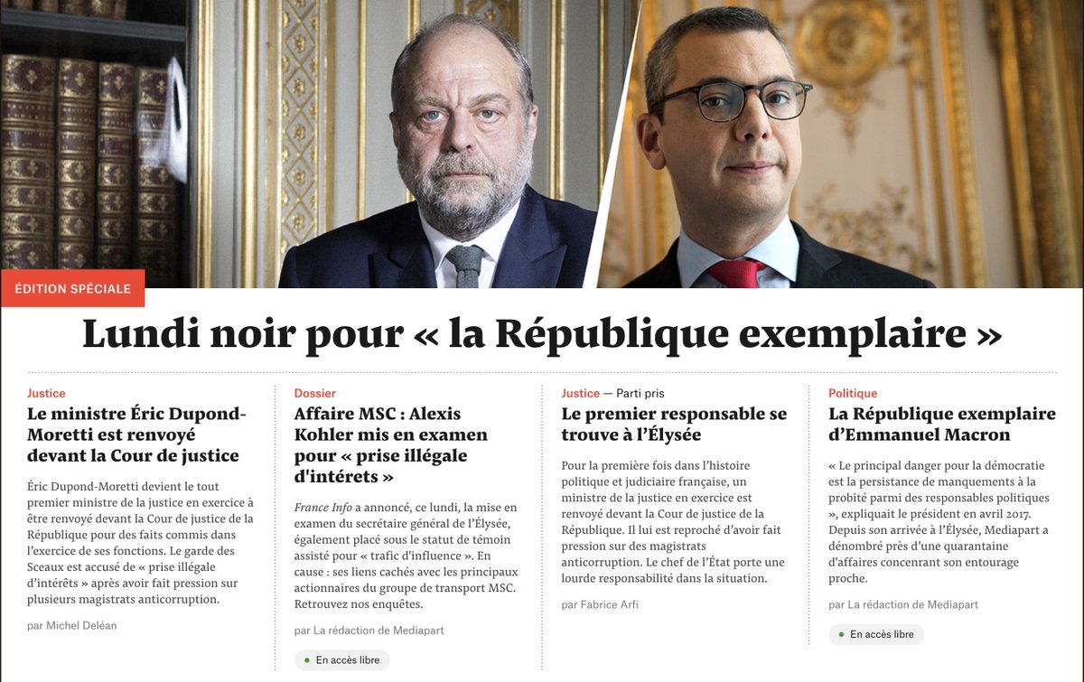ÉDITION SPÉCIALE <a href="/Mediapart/">Mediapart</a>

Du ministre de la justice Dupond-Moretti au secrétaire général de l'Élysée Alexis Kohler, un lundi noir pour la "République exemplaire" promise par Macron.

À lire sur ▶️ mediapart.fr