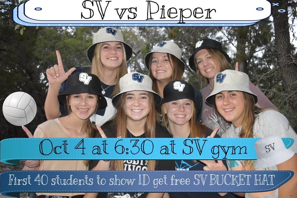 Tomorrow night (10/4) 6:30 at Smithson Valley High School the Rangers take on Pieper Ranch one more time this season! First 40 students to show student ID get a free SV Bucket Hat!  Come support our girls! 💪🏐💪
