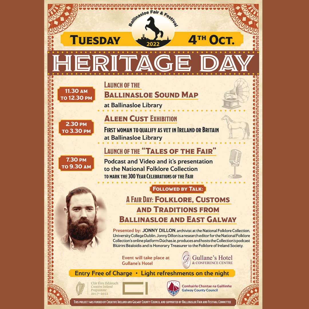 To celebrate the 300th anniversary of Ballinasloe Fair the commissioned  Tales of the Fair podcast &amp; video will be presented to the National Folklore collection tomorrow night in Gullanes Hotel @ 7.30pm. all welcome 
#ballinasloefair #ballinasloe #HeritageDay #gullaneshotel