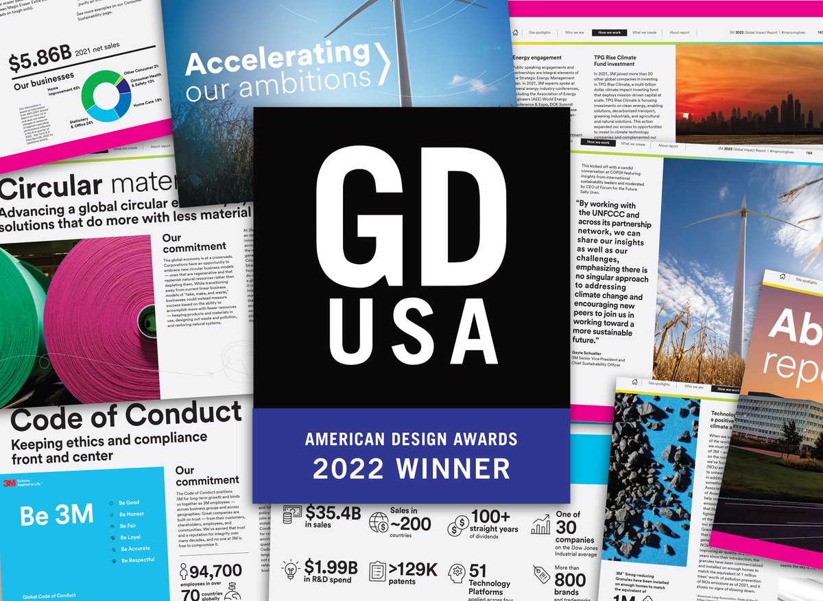 spotsaintpaul's tweet photo. We’re honored to receive a #GDUSA Design Award for the 2022 @3M Global Impact Report. Our team worked diligently to create an in-depth report that demonstrates 3M’s sustainability commitment. Thanks to 3M for making a positive impact, and to GDUSA for the recognition! https://t.co/EV80OeQcPM