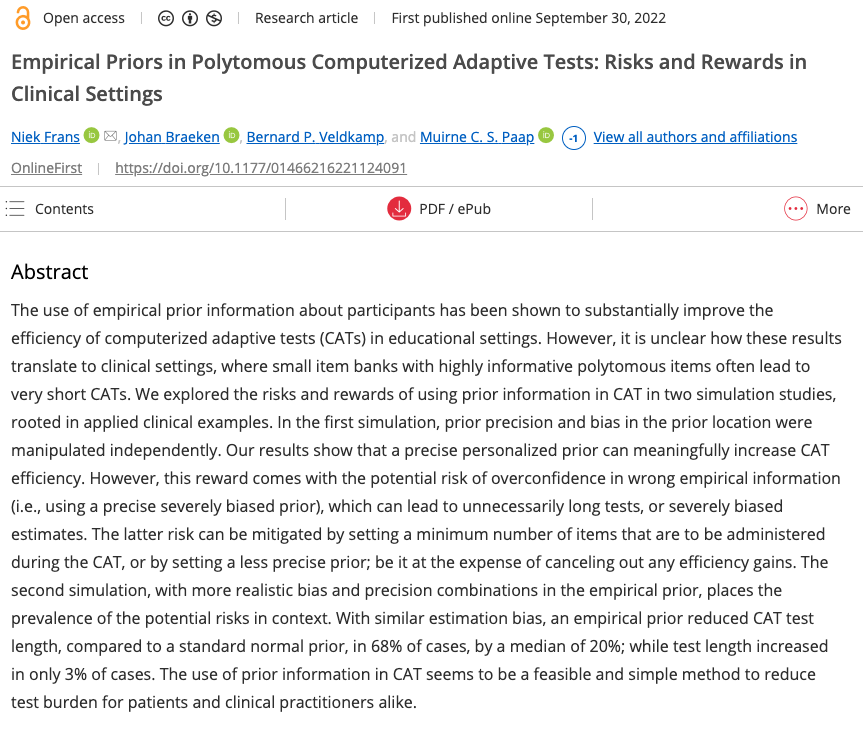 MuirneP's tweet photo. Have you been considering using prior information when developing a (computerized adaptive) test? In this paper published in Applied Psychological Measurement we discuss the possible risks and rewards for clinical applications: https://t.co/HEkjgjeqkZ #assessment #testdevelopment https://t.co/6GAp5JPYsx