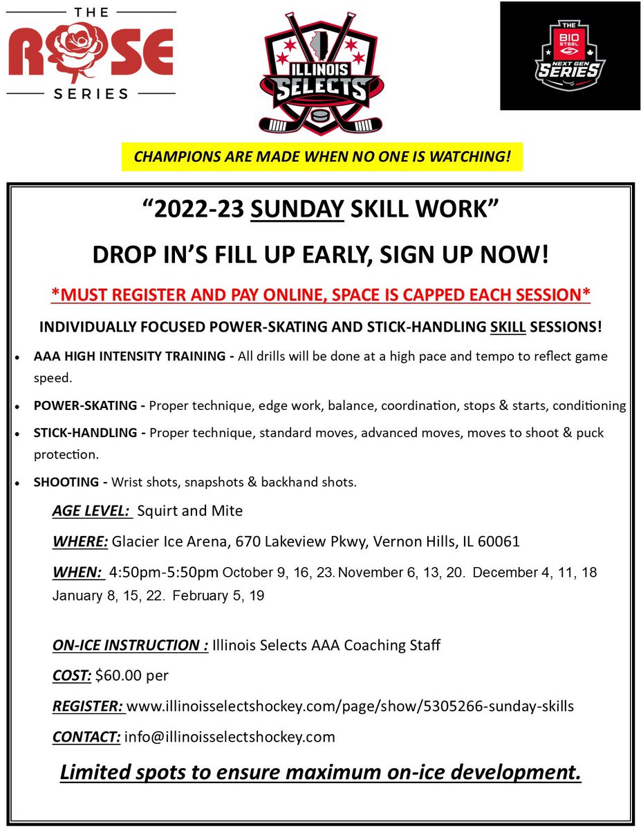 4 SPOTS LEFT!                 Register Now for this Sunday’s Skills Drop In Session!
Mites/Squirt Travel Players. 
Sign up now space limited
Illinoisselectshockey.com/clinics-skills
@biosteelnextgenseries <a href="/the_roseseries/">the ROSE series</a>
#ilselectshockey 
#memories #experiences #friendships  #hockeydevelopment