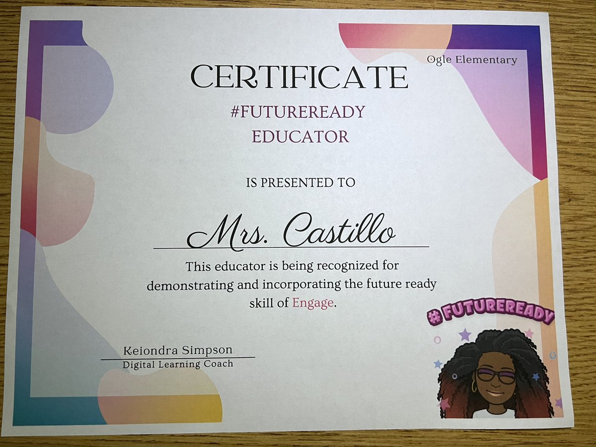 Liz_S_Castillo's tweet photo. Adding another #FutureReadyEducator certificate to my wall!! 🤗 so proud to be future ready for my 1st Graders! #FutureReadyMagic https://t.co/9beaDTYBpy