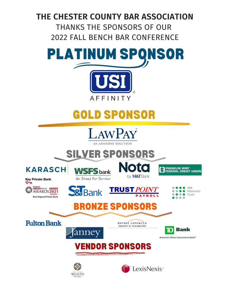 We had such an amazing time with everyone last week at our 2022 Fall Bench Bar Conference at The Hotel Alexandria.
A large factor in having successful Fall Bench Bars is due to the abundant generosity of our Sponsors!  Please consider supporting them with your business!