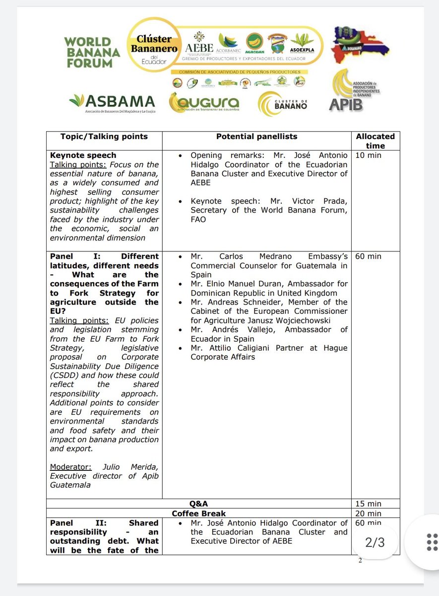 AgrobanEC's tweet photo. Agenda del Evento #ResponsabilidadCompartida #SharedResponsability en la cadena de #Banano a realizarse en #FruitAttraction #Madrid. Iniciativa del #ClusterBananero de #Ecuador en conjunto con otros países productores. Por un #BananoSostenible 💪🍌🇪🇨 https://t.co/ehxSpoGKix