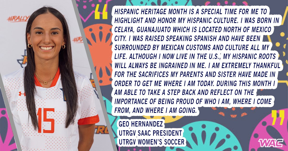 UAConference's tweet photo. 🗣 Geo Hernandez, @GoUTRGV SAAC President and @UTRGVWSoccer player, shares her family customs and why Hispanic Heritage Month is a time of reflection ⬇️
#LearnCompeteInspire x #HispanicHeritageMonth https://t.co/kfuDeuOO1N