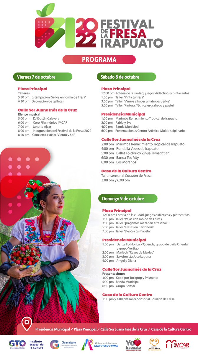 ¿Listos para el Festival de la Fresa? Este viernes 07 de octubre comenzamos con talleres para todos y para todas. La fresa es parte de nuestra identidad como irapuatenses y la vamos a celebrar. ¡Ven y disfruta con tu familia! 🍓