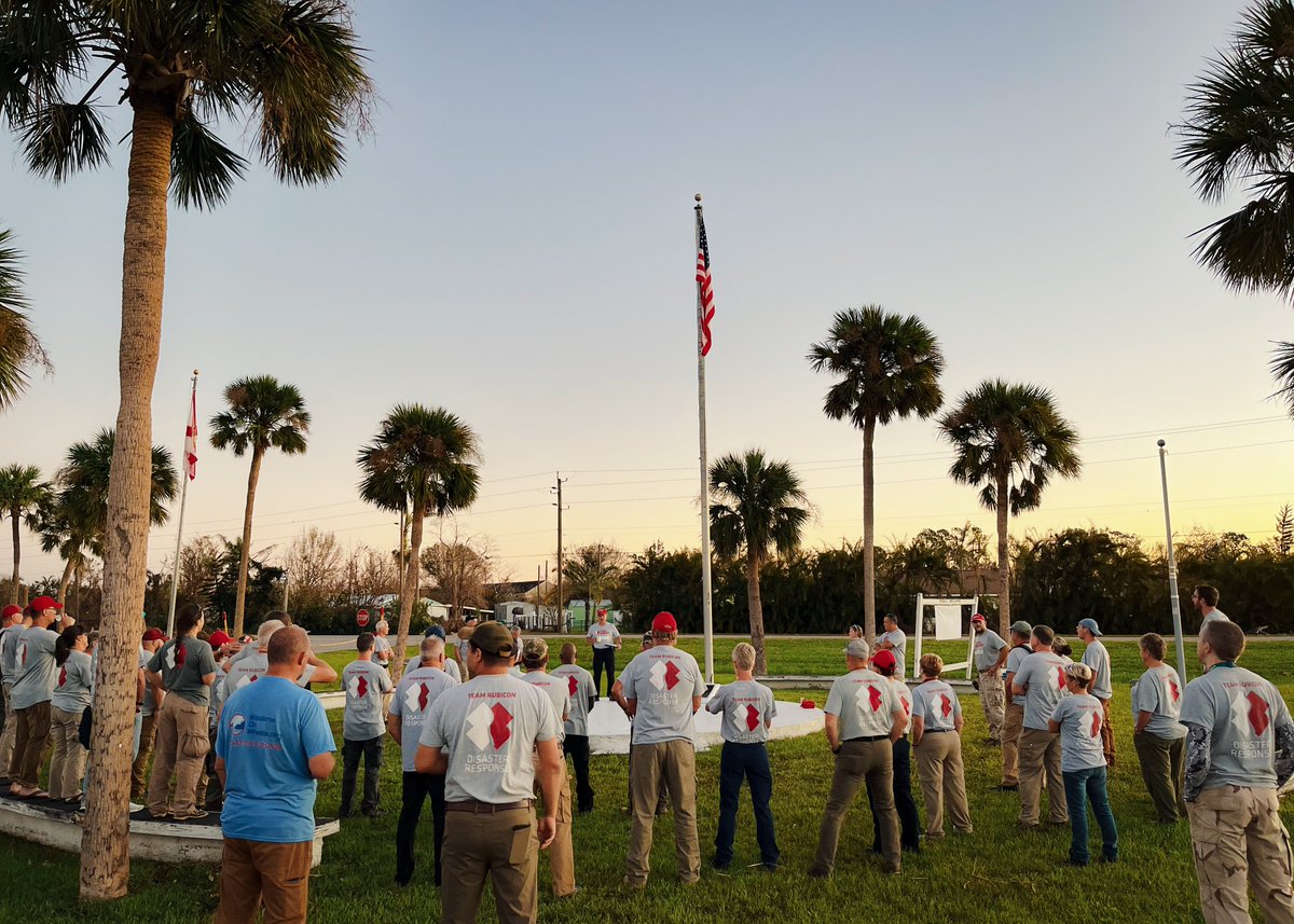 TeamRubicon's tweet photo. Morning briefing for our first wave of Greyshirts who are on the ground in Port Charlotte, FL ready to assist our neighbors that were impacted by Hurricane #Ian. Let's GSD y'all. #BuiltToServe https://t.co/OI7NBGdEEy