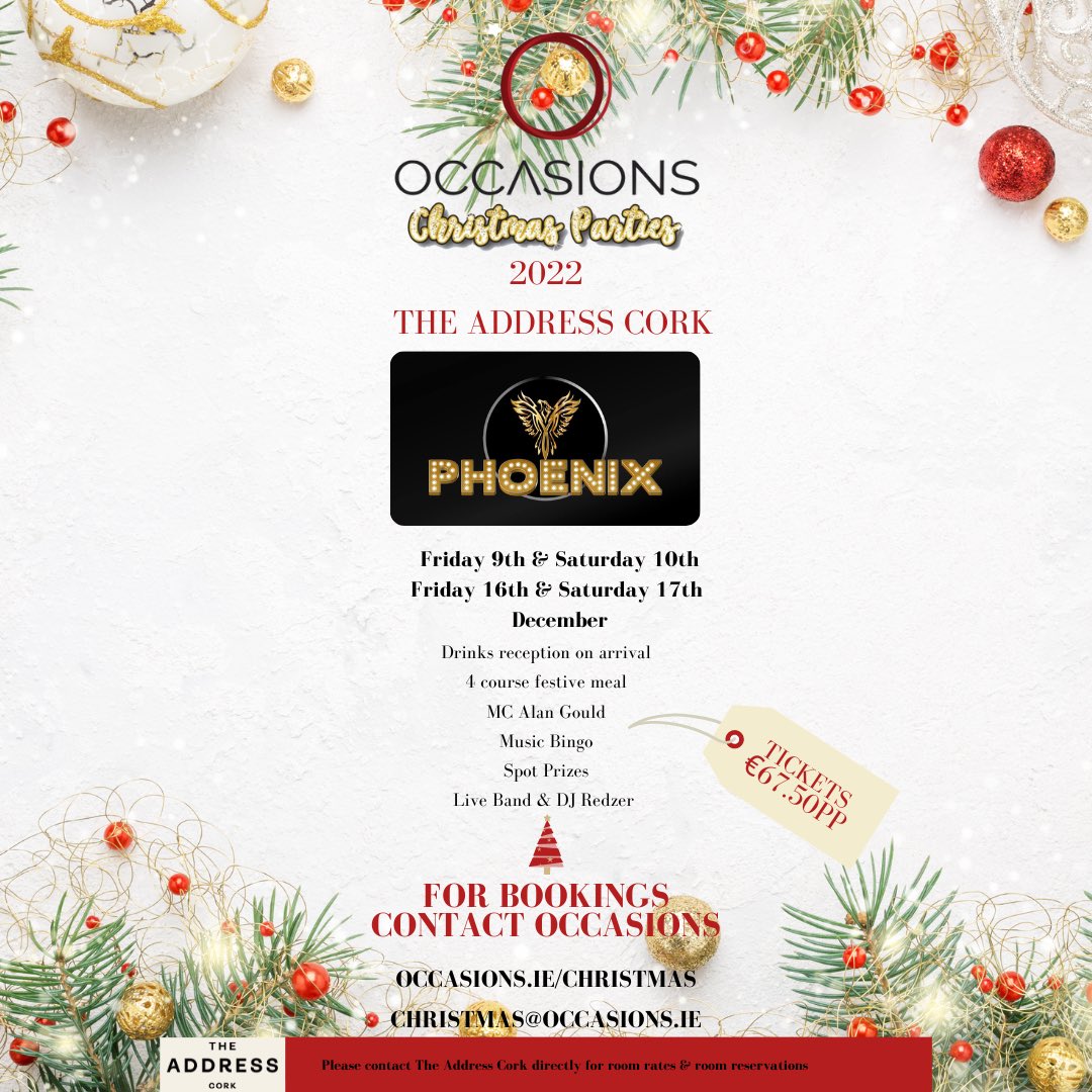 🎄It’s never too early to book your Christmas party 🎄

Well ok, January might be too early, but October certainly isn’t!

We have 4 fantastic nights planned in @theaddresscork with <a href="/phoenixbandcork/">Phoenix Band Cork</a>! 

occasions.ie/Christmas 

#christmasparties #christmascork #eventsincork
