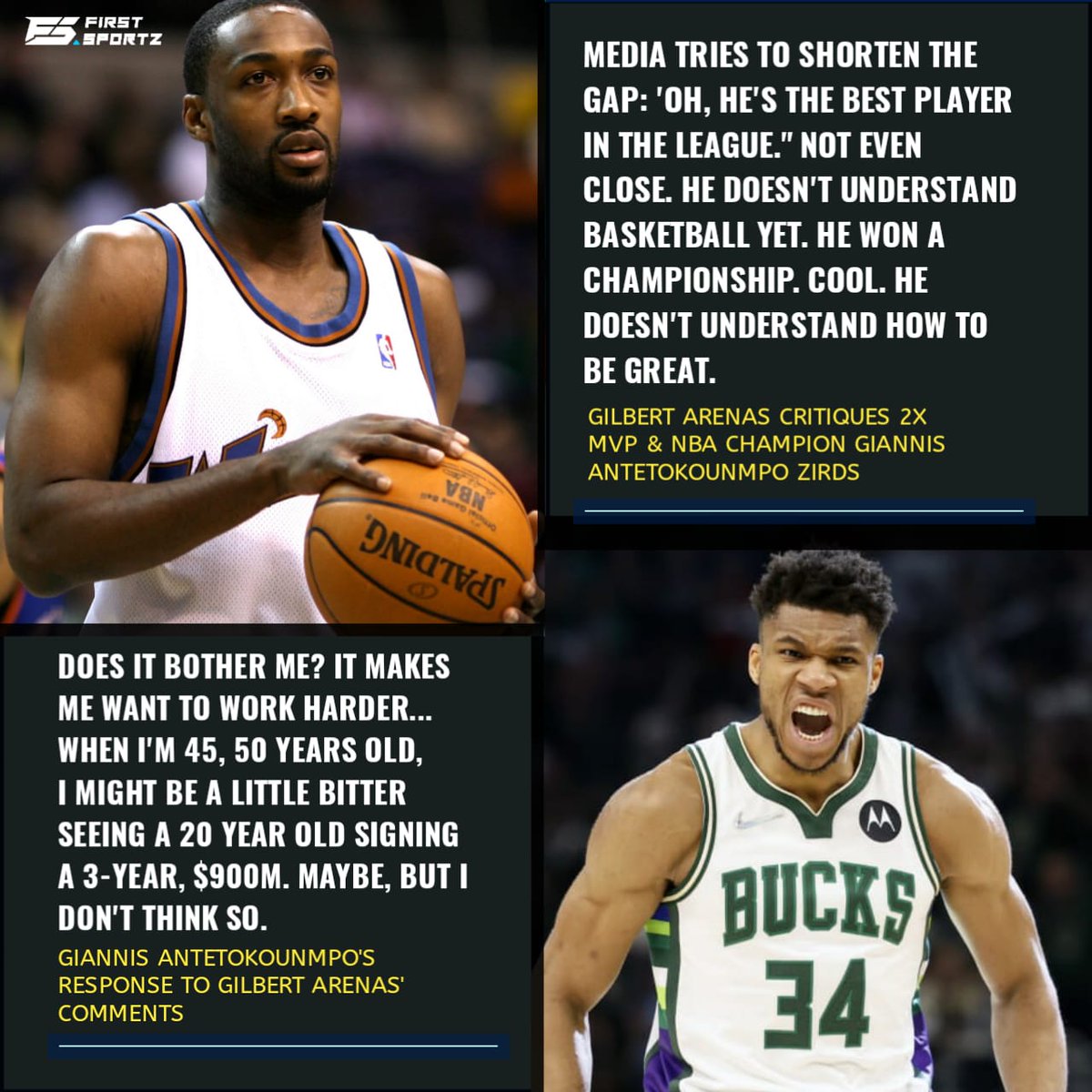FS_NBA1's tweet photo. Giannis Antetokounmpo replies back to analyst Gilbert Arenas after he called the Greek Freak a newbie who is unaware of the game.
#NBA #Giannis #GiannisAntetokounmpo #GilbertArenas #NBAAnalyst #Championship #MilwaukeeBucks https://t.co/JJurUXs7mg