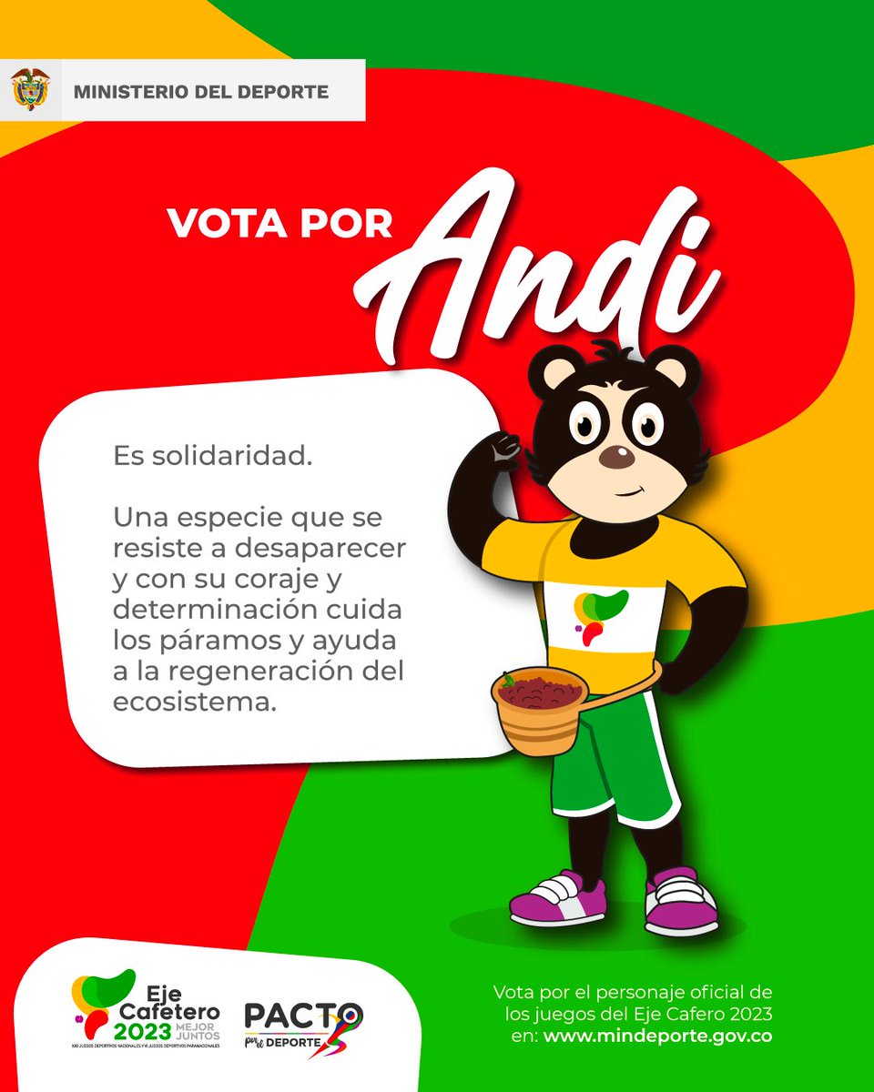 #JuegosNacionalesYParanacionales2023💚
¡Unos juegos para todos! 🤝 Tú eliges el personaje oficial de las justas del próximo año. 
🐻 Andy, oso de anteojos. 
☕️ Tinto, taza de café. 
🐦 Trochi, colibrí. 
 
Votaciones en el link: 
👉 mindeporte.gov.co

#ManizalesMásGrande 💚