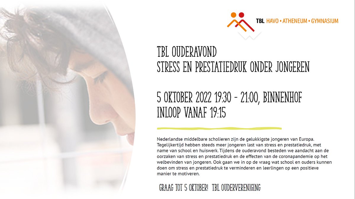 Thema-avond "Stress en prestatiedrang onder jongeren" door <a href="/OV_TBL/">OVTBL</a> op <a href="/tbl_oss/">TBL</a> 5 oktober 19u30. Inschrijven via nlschooltool.nl/formulieren/vi….
