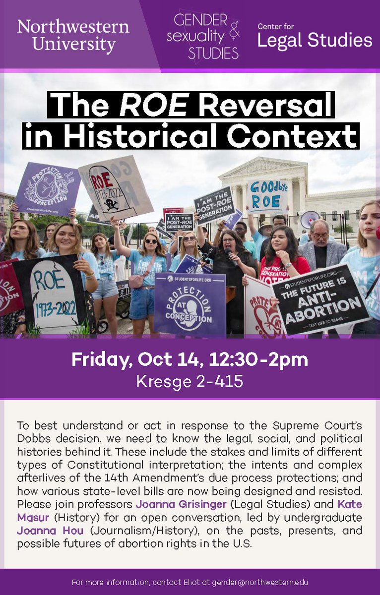 Join the conversation on the ROE Reversal in Historical Context. Featuring @jlgrisinger, <a href="/katemasur/">Kate Masur</a>, and <a href="/joannah_11/">Joanna Hou</a> and supported by <a href="/NULegalStudies/">NU Legal Studies</a>