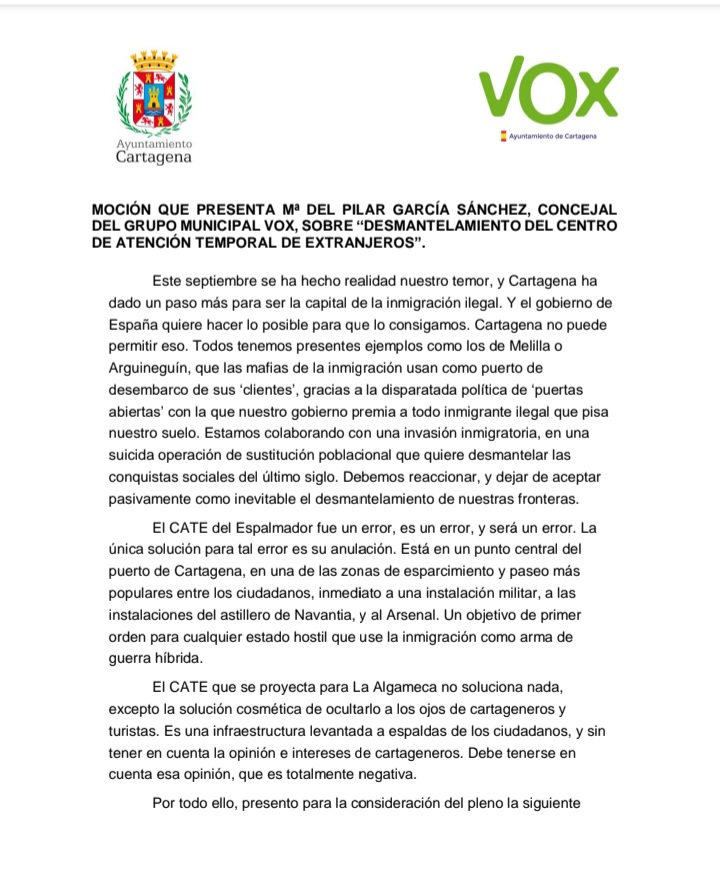 vox_cartagena's tweet photo. Mociones que presenta @PilarGarcia_Vox para el pleno de octubre. " Desmantelamiento del Centro Temporal de Extranjeros"
#ElCateAhiNo
👇 https://t.co/6JUh6JXzLc