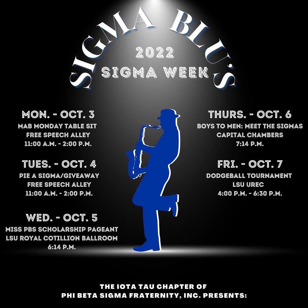 LSUsigmas's tweet photo. Come paint the city Blu with us for Sigma Week 2022! We have an exciting week of events for you. Link for sign-up in our bio. 
#lsusigmas #lsu23 #lsu24 #lsu25 #lsu26 https://t.co/m4Z27xF5vF