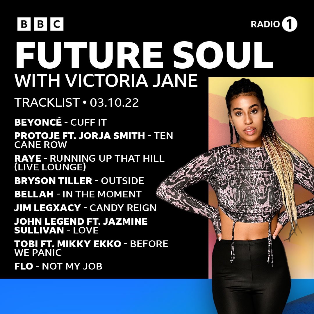 __victoriajane's tweet photo. Tracklist for last night’s @BBCR1 #FutureSoul show
This month’s #VicsPick is @IbeBellah - In The Moment & this week’s guest is @charlottedossan taking over the #SoulSpotlight 🤍
+ an incredible #UKrnbmix
If you missed it you can listen back via @bbcsounds now 🙏🏽 https://t.co/RYs922RDiA