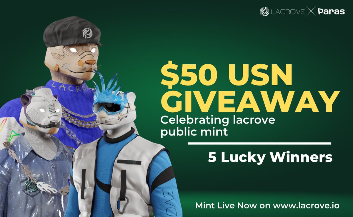 How's your Monday, frens?
To make it special, here's a special giveaway from Lacrove🎉!

Let's celebrate Lacrove NFT listing on Paras!
We have $50 USN from Lacrove for 5 lucky winners

1️⃣ Follow <a href="/ParasHQ/">Paras 🟩🟧</a> &amp; <a href="/LacroveNFT/">Lacrove 🐯</a>
2️⃣ RT &amp; Tag friends

You have 48h from now! GO, Lacers!
