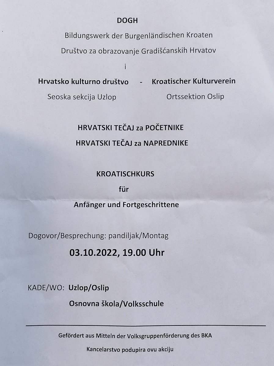 Oslip_Uzlop's tweet image. Interessiert an Kroatischkurs für AnfängerInnen und Fortgeschrittene? Dann unbedingt heute, 19 Uhr, in die Volksschule #Oslip kommen!