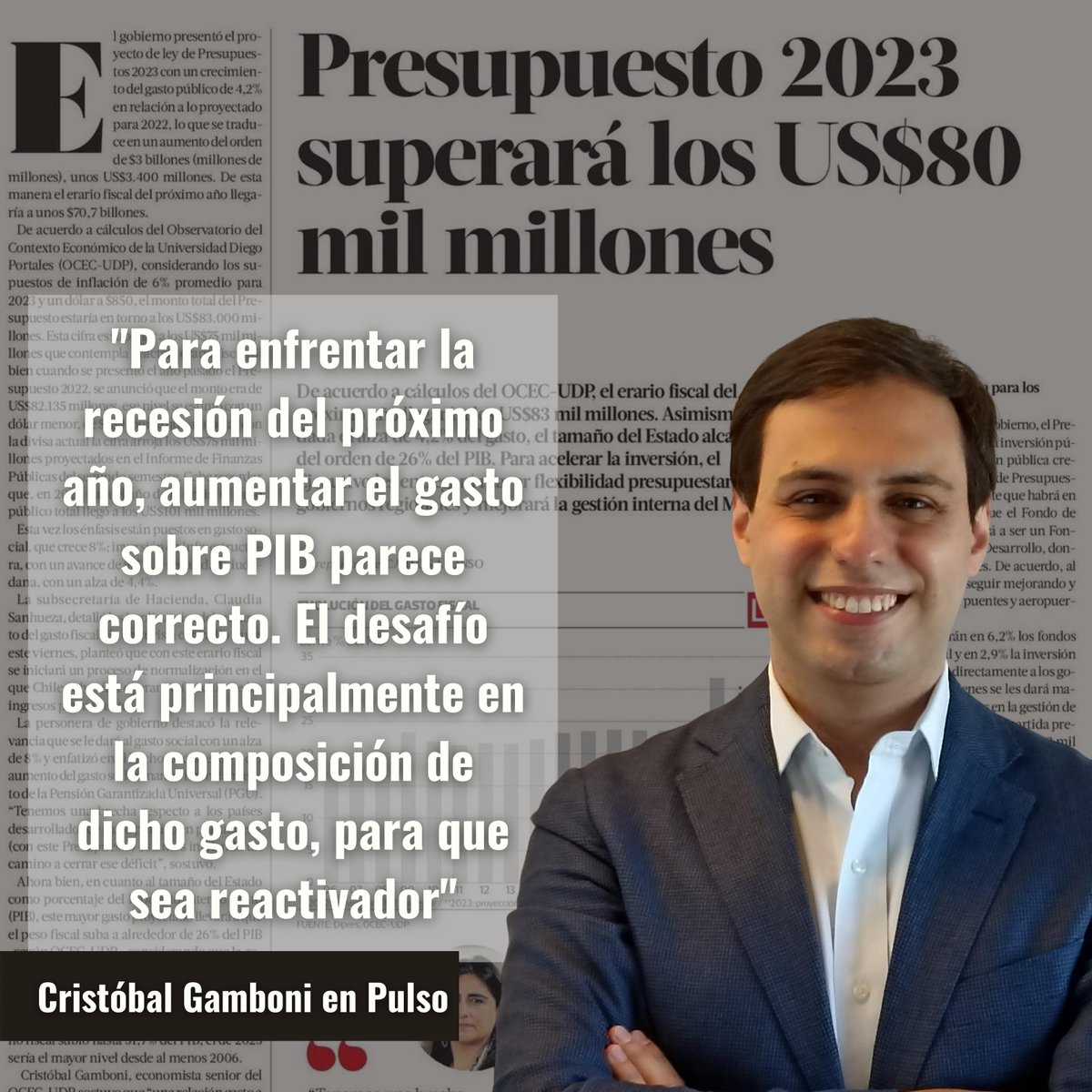 faeudp's tweet photo. 📰El economista senior de @OcecUdp, @crgamboni, fue entrevistado por @pulso_tw para analizar el #Presupuesto2023 del Gobierno, el cual superará los 80 mil millones de dólares💵
#Economía #Gobierno #OCECUDP #FAE #FAEUDP #SomosUDP #ExperienciaUDP #40añosUDP #Chile https://t.co/CIwcVNkUyh