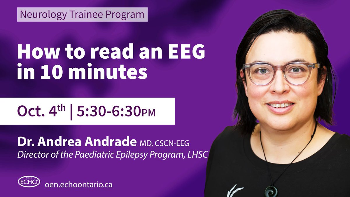 Update: #NeuroResidents, Dr. Andrea Andrade (@AndreaVAndrade1) will be presenting clinical pearls tomorrow on 'How to read an EEG in 10 min.' Stephen Soncin, Chief Resident @KingstonHSC is presenting the patient case. Oct. 4 | 5:30-6:30pm REGISTER➡️oen.echoontario.ca/neurology-trai…