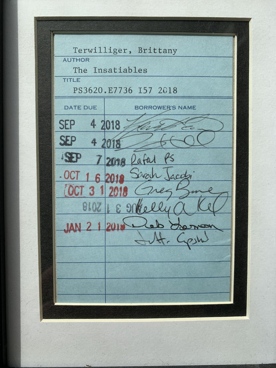When my novel came out, my coworkers made a library catalog card for it, signed it and had it framed, and to this day it’s one of the most special and thoughtful gifts I’ve ever received and sits on my desk by my computer