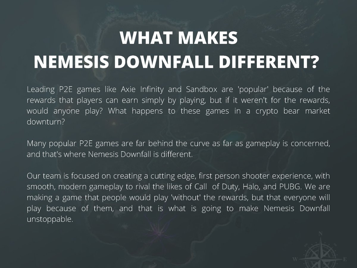 NemesisGame_'s tweet photo. What makes our game different? 👇
▶️ https://t.co/0eLdFZzxhU
💬 Socials: https://t.co/e93VOBLkeY
#GameFi #Gaming #NMSIS #nemesisdownfall #shibainu #Bitcoin #PvP #NEAR https://t.co/WP0zThaBDd