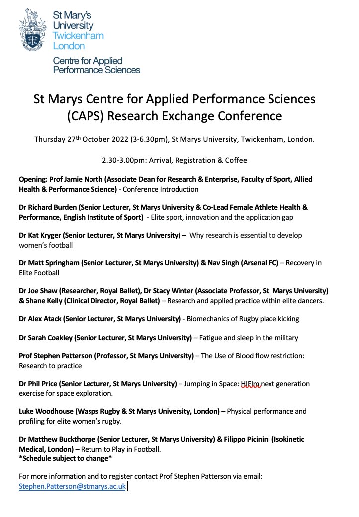 We invite local clubs, organisations and industry to come & join us at our 1st Research exchange conference on 27/10/22 @YourStMarys, where we will showcase some of our current and recent projects. The event is free to attend. Contact Stephen.patterson@stmarys.ac.uk to register