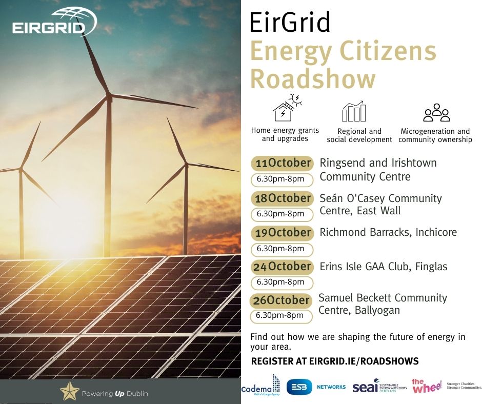EirGrid's tweet photo. 📢Would you like to hear about #Dublin’s electricity future? Are you interested in home energy efficiency upgrades or retrofitting grants? 🗓️EirGrid will be hosting several information sessions in Dublin this month.🆓Register at https://t.co/LwfVoEnoNl https://t.co/83zLDZEm7u