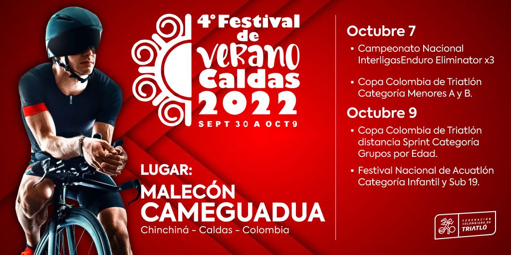 FEDECOLTRI's tweet photo. Campeonato Nacional Interligas Enduro Eliminator x3 - Festival Nacional de Acuatlón Infantil y SUB 19 - Copa Colombia de Triatlón categoría Menores A y B – Grupos por Edad.
Info: https://t.co/l3V3mjcDuy

#FederacionColombianaDeTriatlon #TriatletasColombianos  #Fedecoltri https://t.co/lrYDTMrCdz