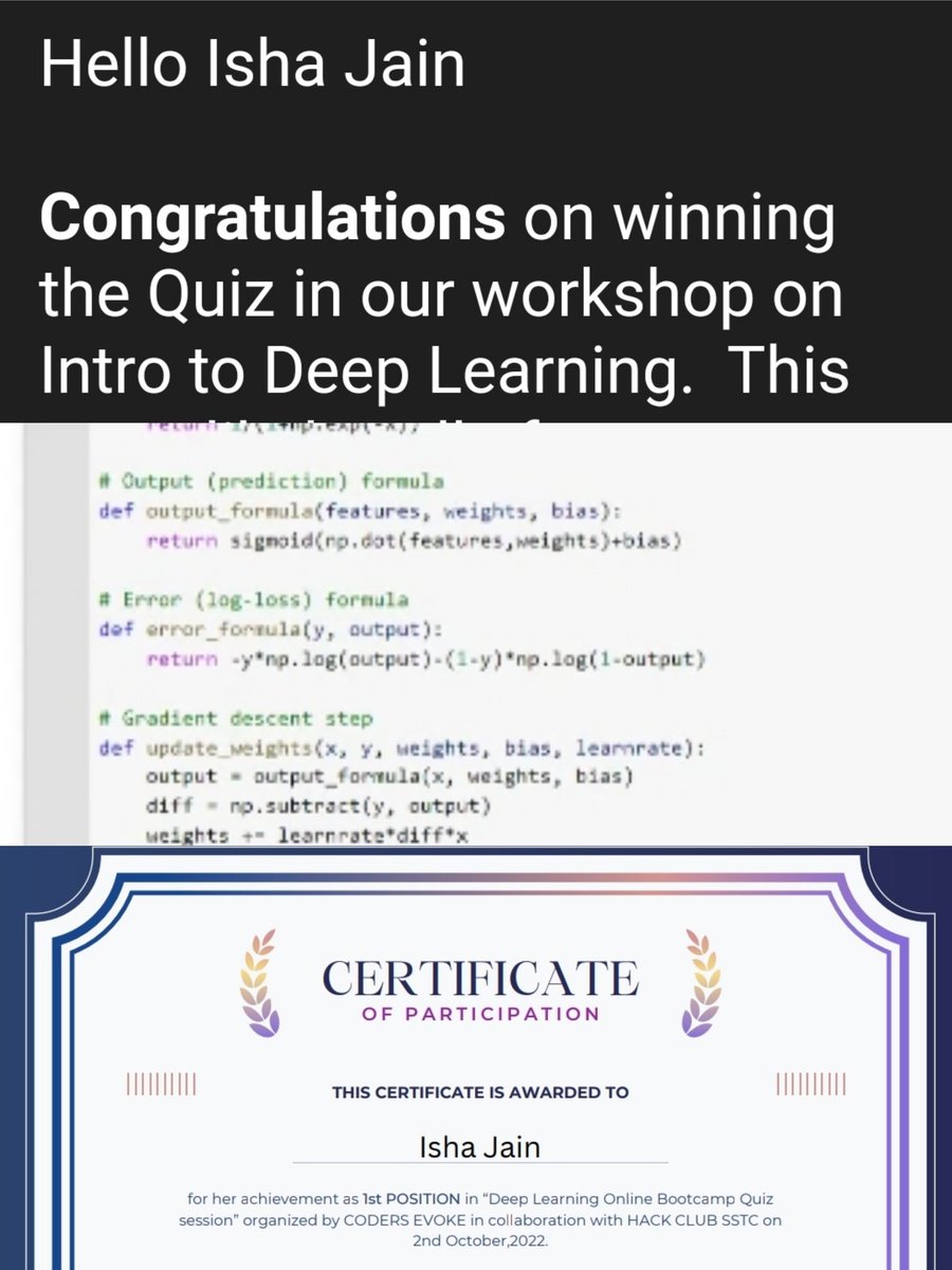 isha__jain__'s tweet photo. After so long, attended a workshop on Deep Learning, Thanks to @urjapower for delivering an amazing hands on session on deep learning.
@EvokeCoders &amp; @HackClubSSTC , a fun session after so long.
P.s. - Got the 1st position✨(obviously coz it's the domain I am interested the most) https://t.co/QiL1PKULnT