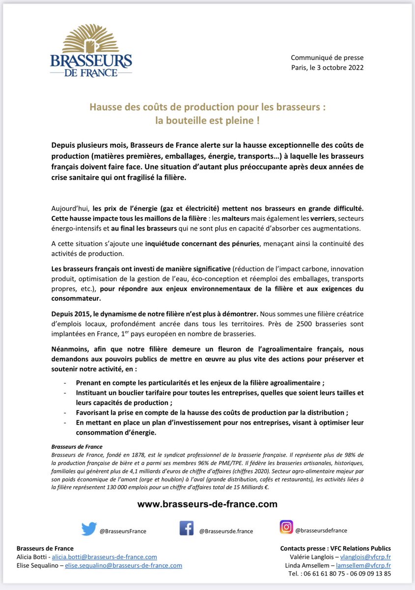 📝 [Communiqué de presse]
Hausse des coûts de production pour les #brasseurs : la bouteille est pleine ! 

Nous demandons aux pouvoirs publics d’agir pour préserver notre filière #brassicole.