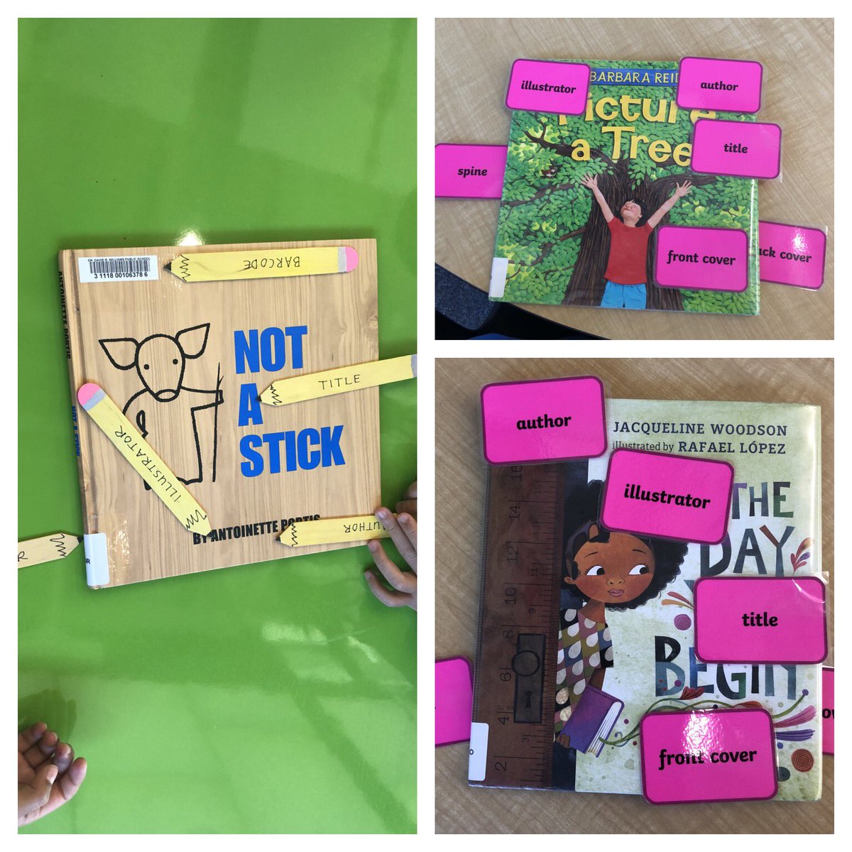 The grade 1s are practicing to label the different parts of a book. #partsofabook #handsonlearning
