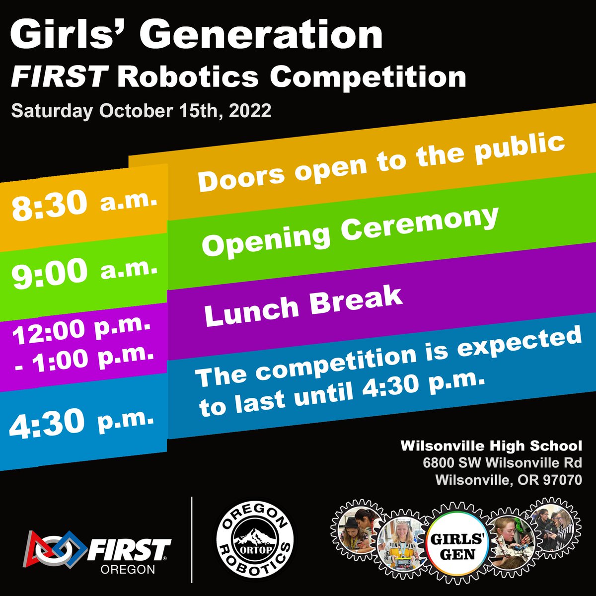 YOU'RE INVITED to our  2022 Girls’ Generation competition, where girls and non-binary team members will step forward to control the robot at a FIRST Robotics Competition.