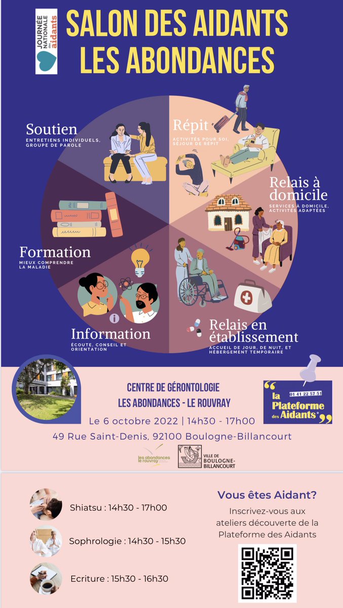 Le salon des Aidants des Abondances se tiendra ce jeudi 6 octobre à 14h30 à l’occasion de la #journeenationaledesaidants . N’hésitez pas à venir rencontrer les exposants et à vous inscrire aux ateliers de la Plateforme des Aidants !