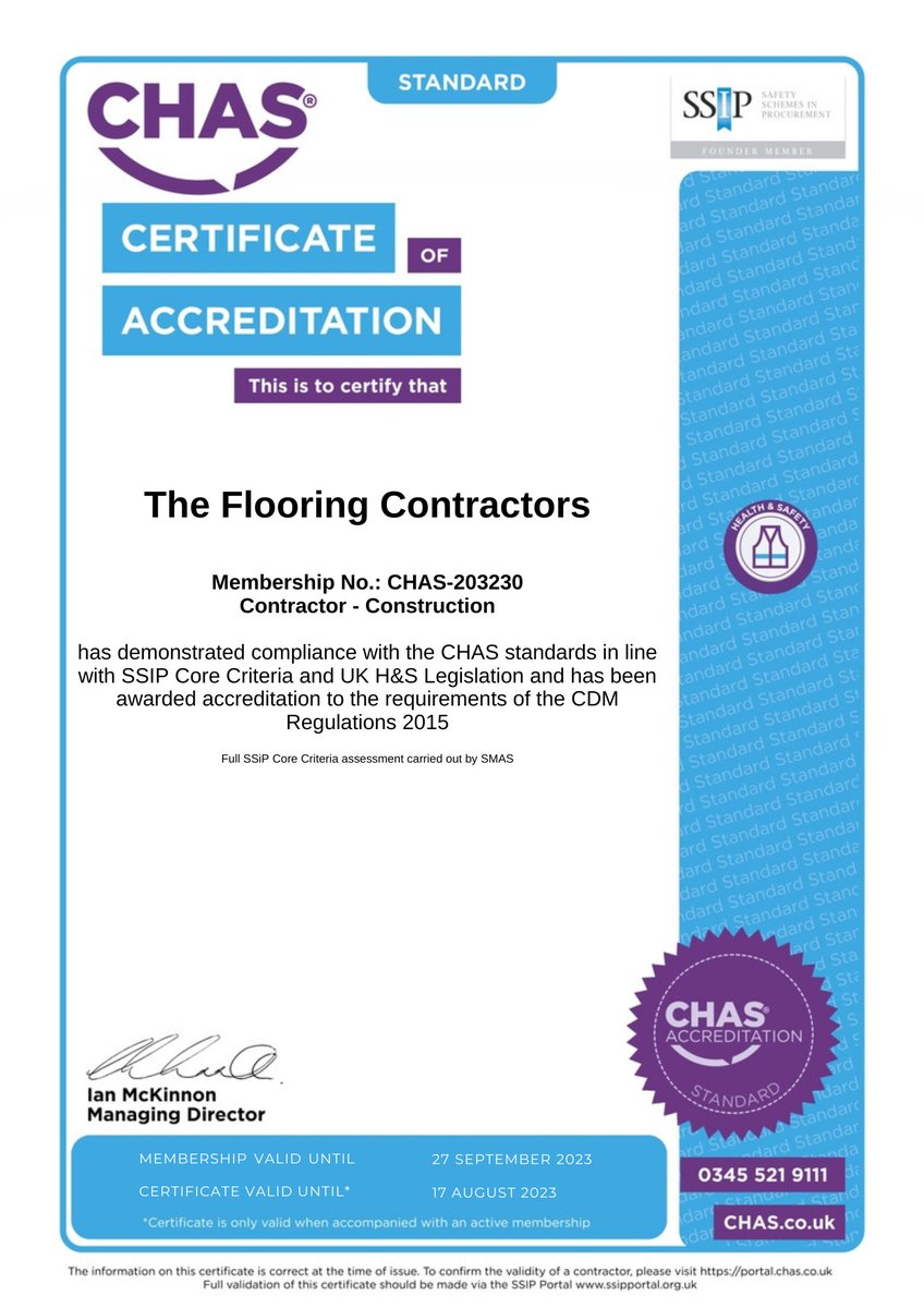 We're thrilled to have again received our annual CHAS certification, and continue to work to benchmarks that are making the industry safer each day. 👷‍♂️👷‍♀️

Get in touch to find out how we can help you with your next #development project.

#carpet #vinyl #laminate #contractflooring