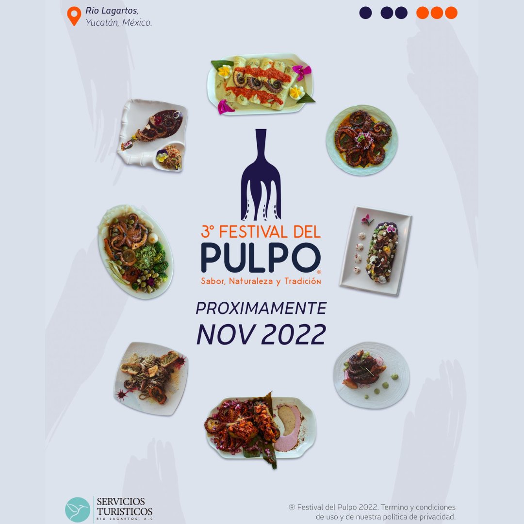 No te pierdas de la tercera edición del Festival del Pulpo que será llevado a cabo los días 18 y 19 de Noviembre con el objetivo de incentivar el turismo en Visit Rio Lagartos.  

#Trendstur #tendenciasturisticas #yucatan #festivaldelpulpo  #turismo