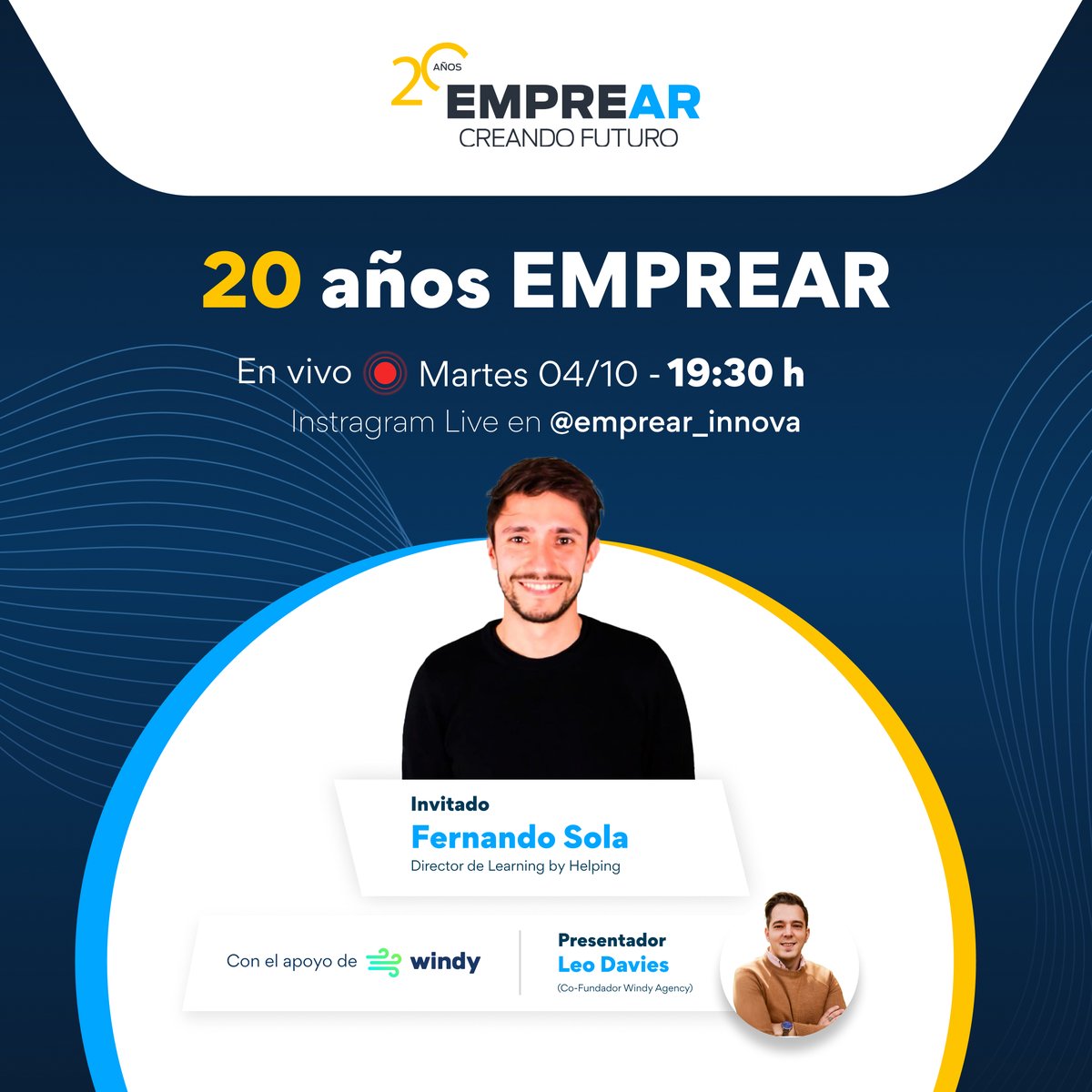 20 años EMPREAR 🥳 ¡VIVO EN INSTAGRAM! Mañana tenemos como invitado a Fernando Sola, un joven emprendedor que pasó por EMPREAR y que hoy dirige @LearnByHelp  un laboratorio creativo de Innovación Social y Ambiental en la ciudad de Barcelona. #20AñosEMPREAR #Iinstagramlive