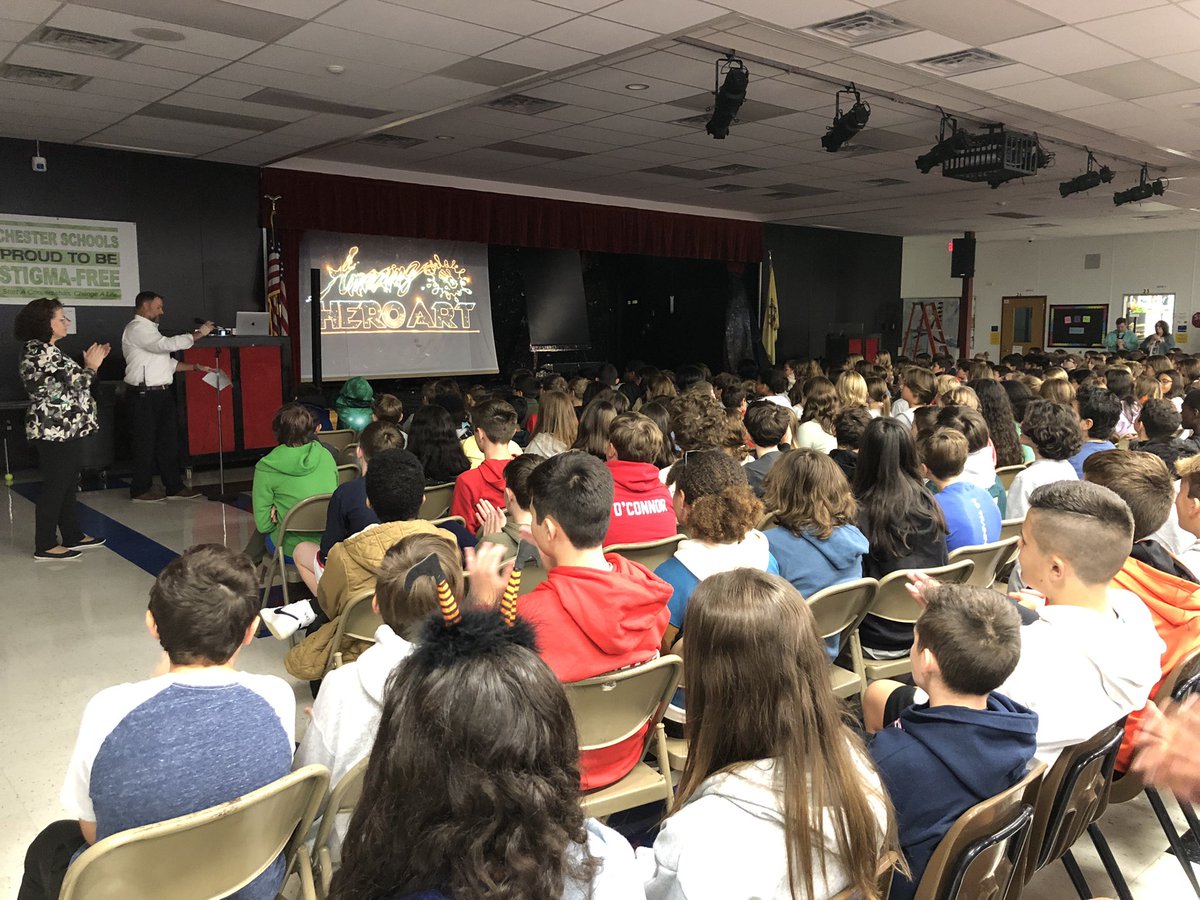 ed_techguru's tweet photo. The message today @BlackRiverMS Be Somebody! Follow your dreams!Hero Art by Rob Surrette! Ask your kids about it. Very inspiring! Thank you PTO for sponsoring! #wearechesterNJ https://t.co/aWn6XseZ9m