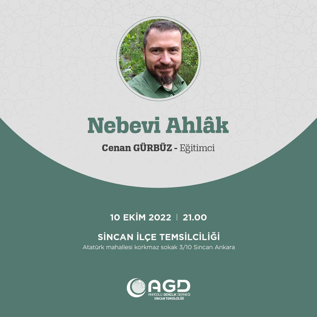 • Şuur Sohbetleri |

📎 Nebevî Ahlâk

Cenan GÜRBÜZ 
Eğitimci

🗓️ 10 Ekim Pazartesi 
🕖 21.00
📌 AGD Sincan Şube Binası

      Atatürk Mahallesi Korkmaz Sokak, Korkmaz Ap. No: 3/10