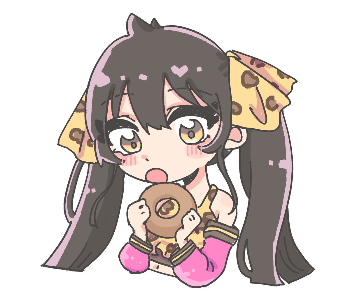 matoba risa 1girl solo twintails black hair white background food leopard print  illustration images