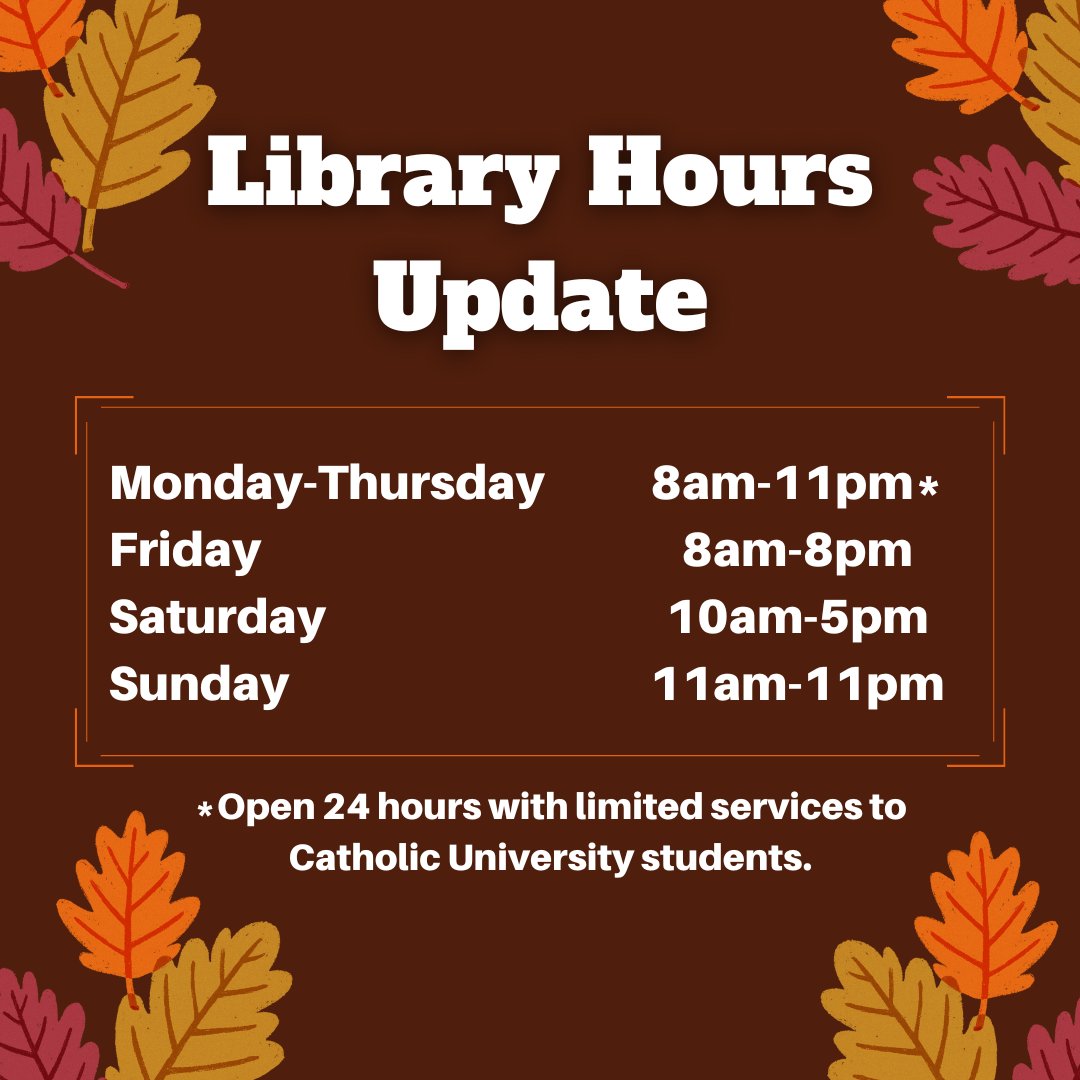 CUAlibraries's tweet image. A change to fall weather means a change in library hours🍁 Starting today, 10/3, Mullen Library will be open 24 hours to Catholic University students with limited services! Come study with us📚 #mullenlibrary #catholicuniversity #fall #study